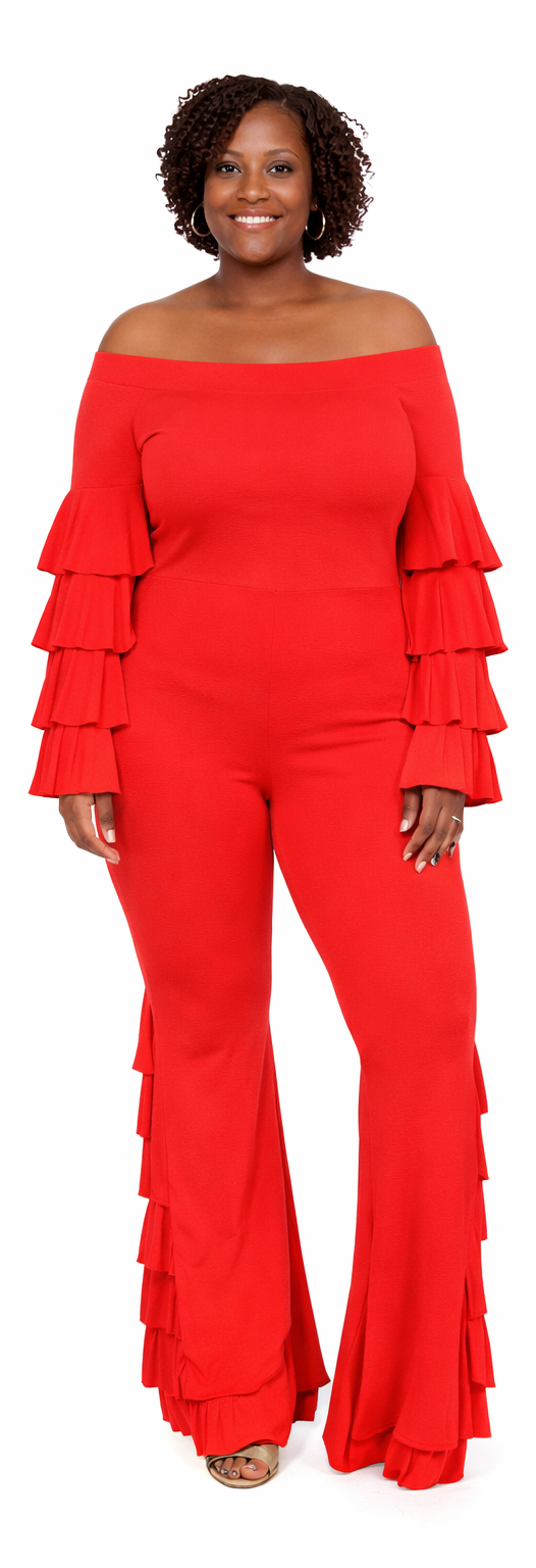 a women wearing red off-shoulder pant set with ruffled sleeves on a white background.