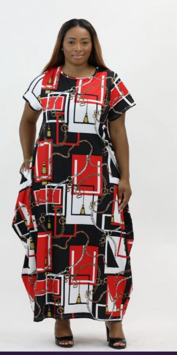 Red and Black Chain Print Dress