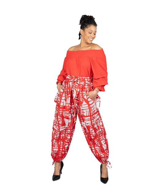 Drawstring Red/white African Print Pant cuffs at the bottom