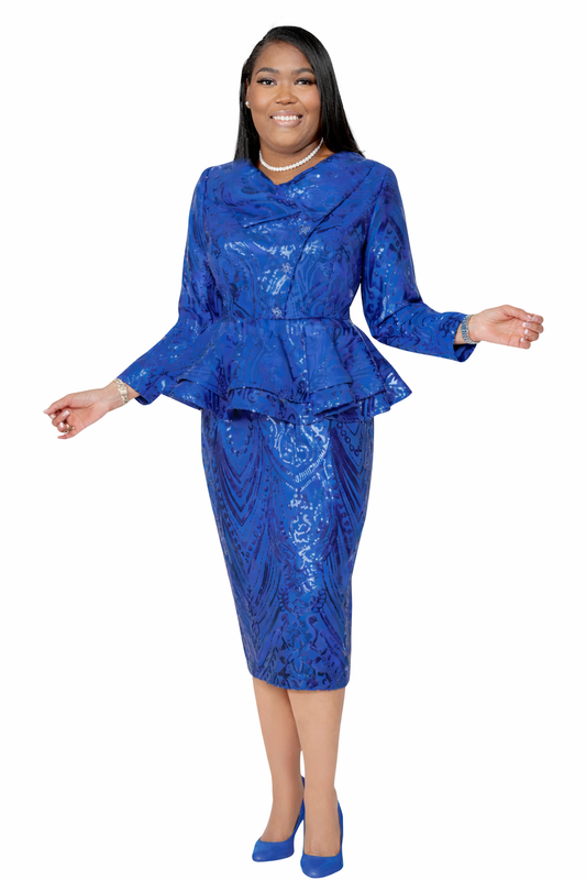 Woman wearing a blue peplum top and skirt set on a white background