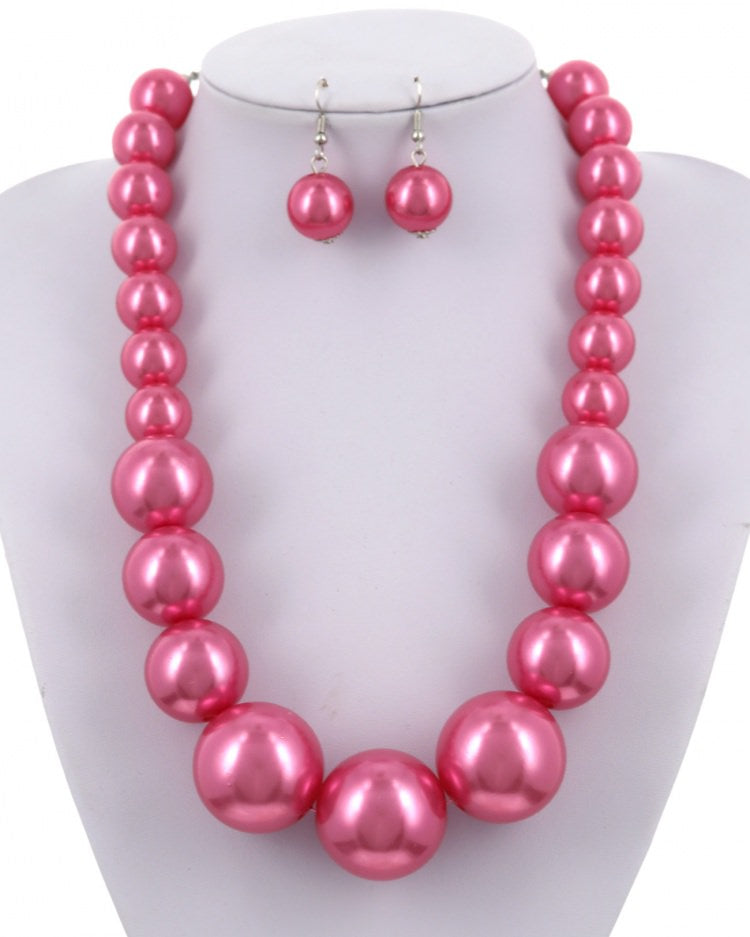 Pink Acrylic Pearl Necklace & Earring Set