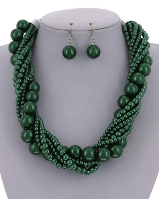 Forest Green Statement Pearl Multi-Strand/Multi-Size Necklace & Earring Set
