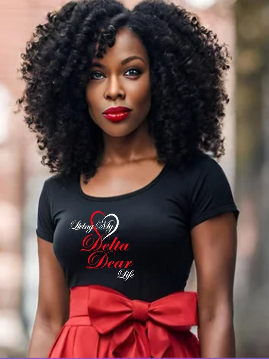 Black short sleeve t-shirt with living my (in a heart) delta dear life #111 #DST #1913 D9 DELTA SIGMA THETA SORORITY INCORPORATED #DELTA DEARS #J13 #FOUNDERSDAY #BLOWOUT