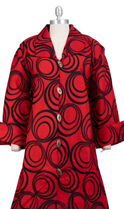 Red Button Down Tunic with Black Swirls with pockets .