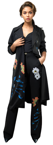 Two-Piece Black Pant Suit with Floral Embellishment