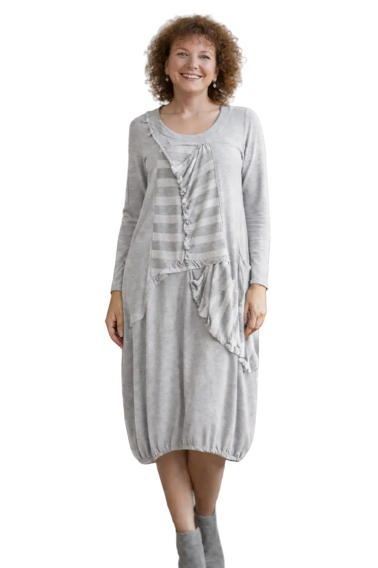 Light Grey Gathered Hem Dress with light Stripe Overlay