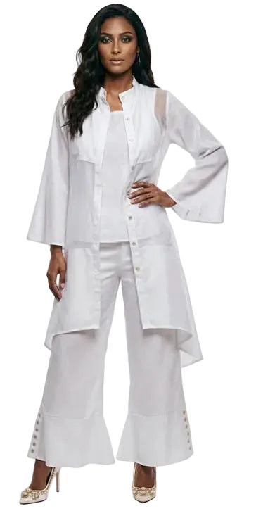 Woman wearing white three-piece pant set with flowing duster and wide-leg ruffle hem pants