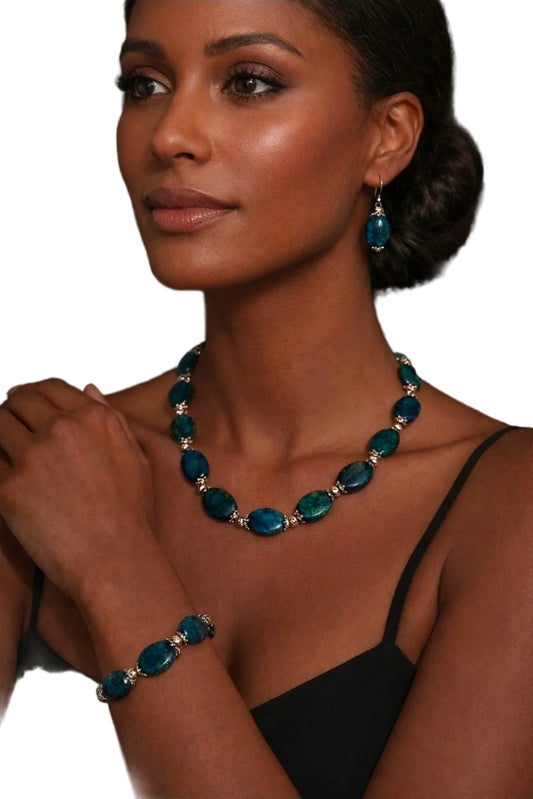 Peacock Blue Statement Necklace, Earring & Bracelet Set
