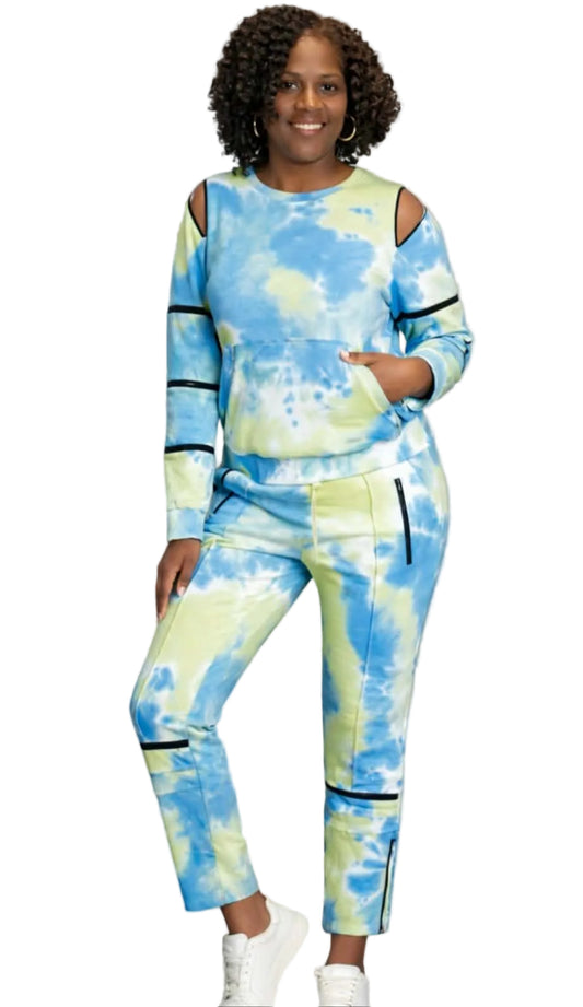Blue & Green Tie-Dye Jogging Set with Cut-Out Shoulders and Zipper Detail