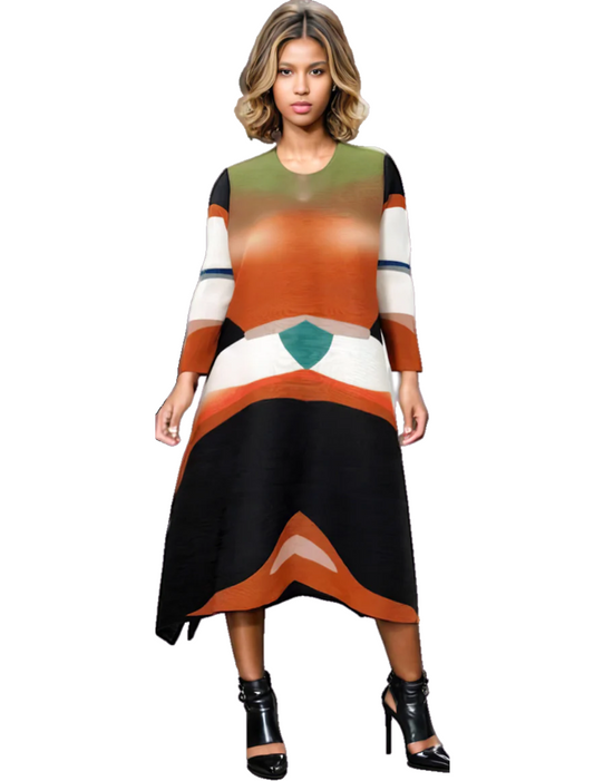 Multicolor Long Sleeve Aline Accordion Dress