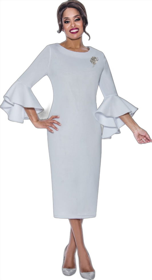 White Bell Sleeved Dress with removable Silver Broach
