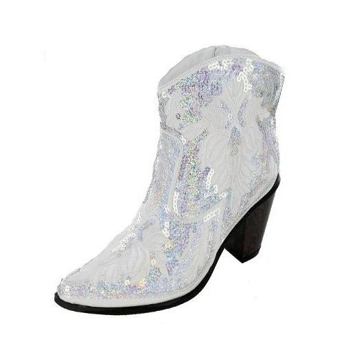 White Short Sequin Embroidered Bling Western Boots with Zipper Closure