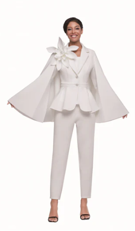 Three Piece White Pant Suit with Cape and Bell Sleeves