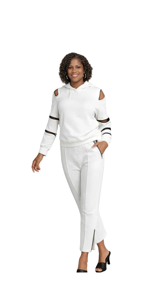 White Cutout Jogging Set with Black Zipper Trim