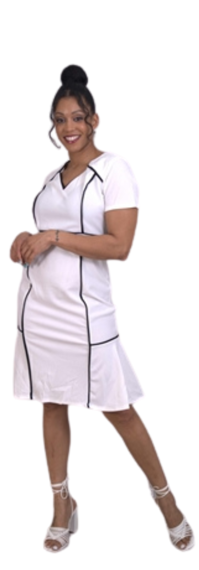 White Short Sleeve Fit & Flare Dress with Black Trim 5 GRANDS BOUTIQUE White Short Sleeve Fit & Flare Dress with Black Trim 5 GRANDS BOUTIQUE