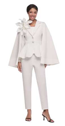 Three Piece White Pant Suit with Cape and Bell Sleeves