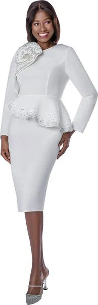 White Scuba Midi Dress with Crystal Trimmed Peplum and Floral Accent