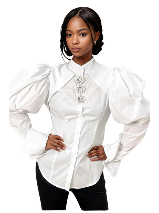White collard blouse with rhinestone buttons and balloon sleeves and cuffs