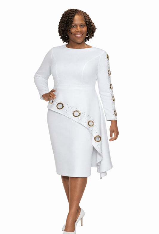 White Asymmetric Suit with Gold Ring Embellishments