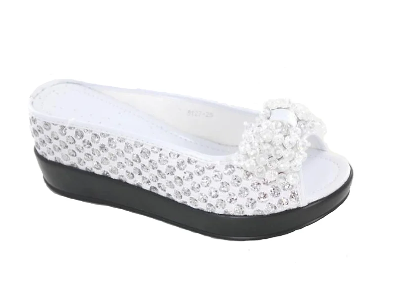 White spotted with Bling sides Peep toe  Wedge with a Swarovski  Crystal Bow