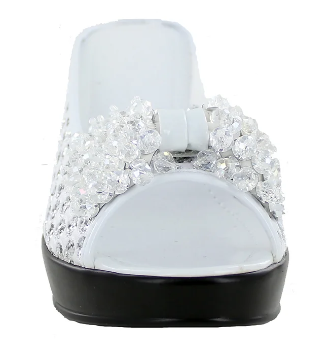 White Spotted with bling sides Peep toe wedge with a Swarovski Crystal Bow
