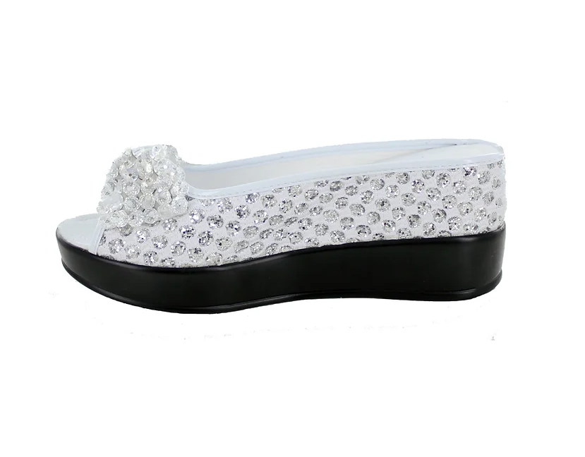 White Spotted with bling sides a Peep Toe Wedge with Swarovski Crystal bow