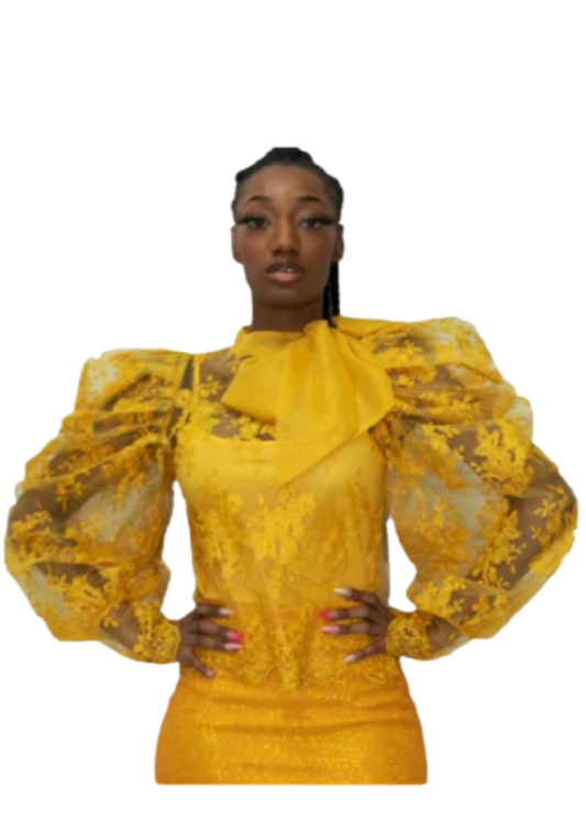 Yellow Long Sleeve Lace Top with Ruffled Tiered Sleeves and Bow Tie