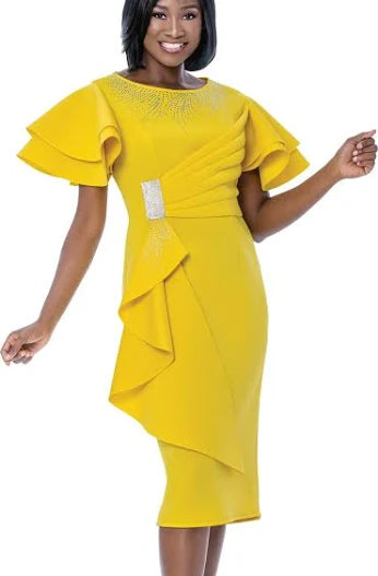 Yellow Ruffle Sleeve Midi Dress with Crystal Waist Accent