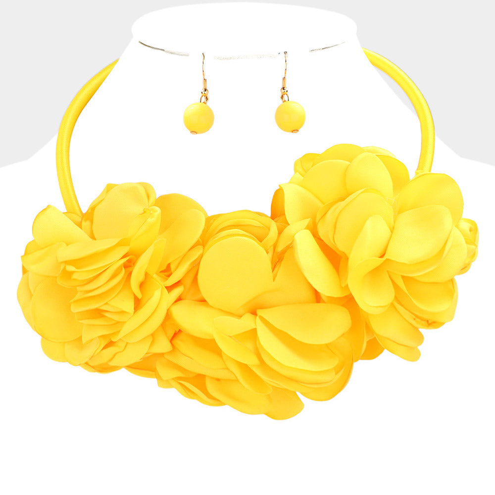 Yellow Triple Flower Necklace Cord and Earring Set