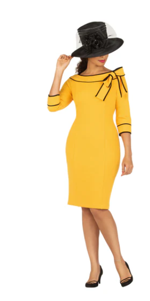 A boat neck yellow with black trimmed dress