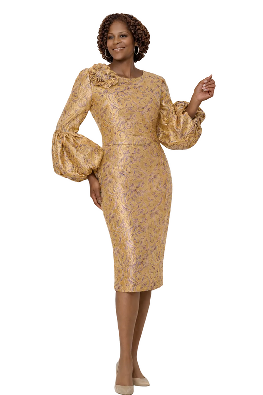 Gold and Purple Brocade Puff Sleeve  Dress with Brooch