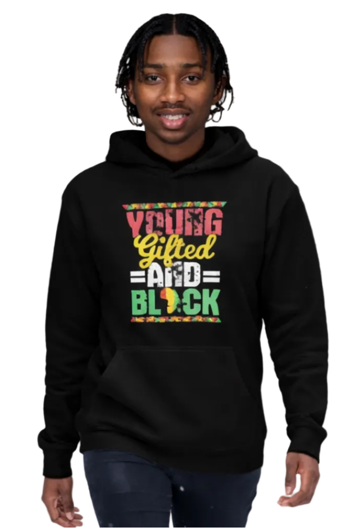 Person wearing a black hoodie with colorful text Young, Black and gifted wording walking on a white background