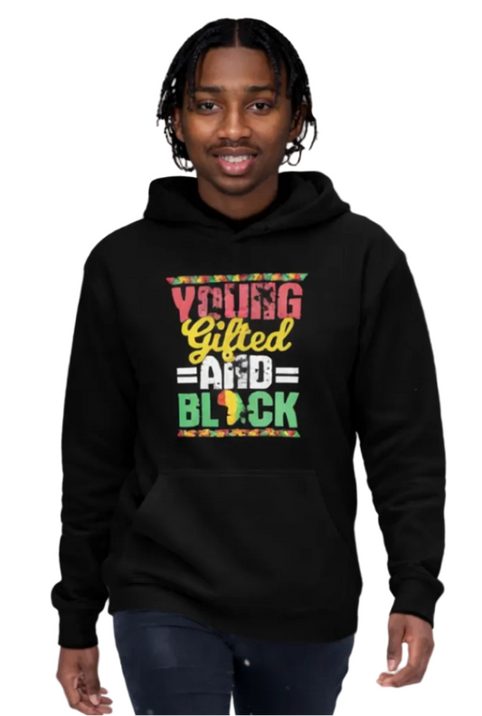 Person wearing a black hoodie with colorful text Young, Black and gifted wording walking on a white background