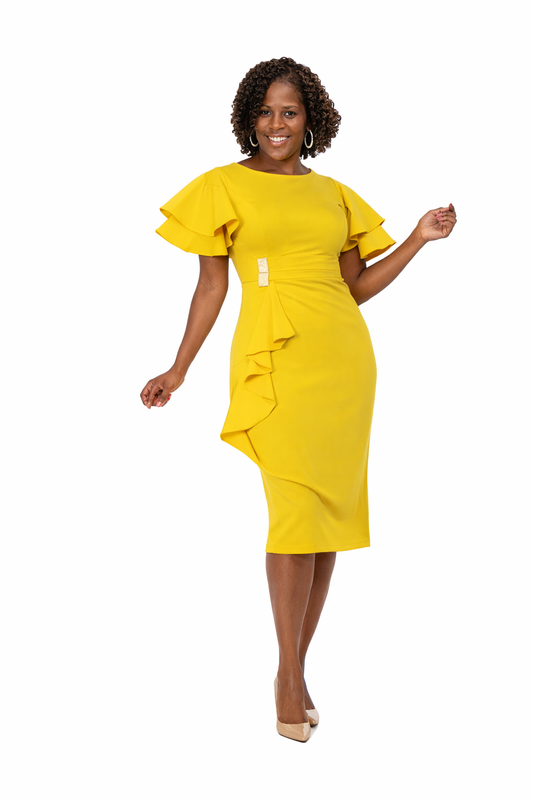 Yellow Ruffle Sleeve Midi Dress with Crystal Waist Accent