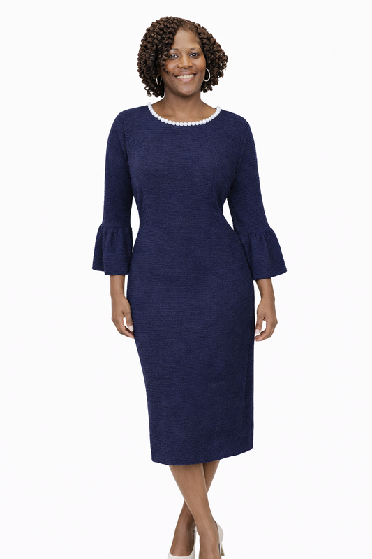 Navy Blue Dress with Pearl Embellished Neckline and Bell Sleeves