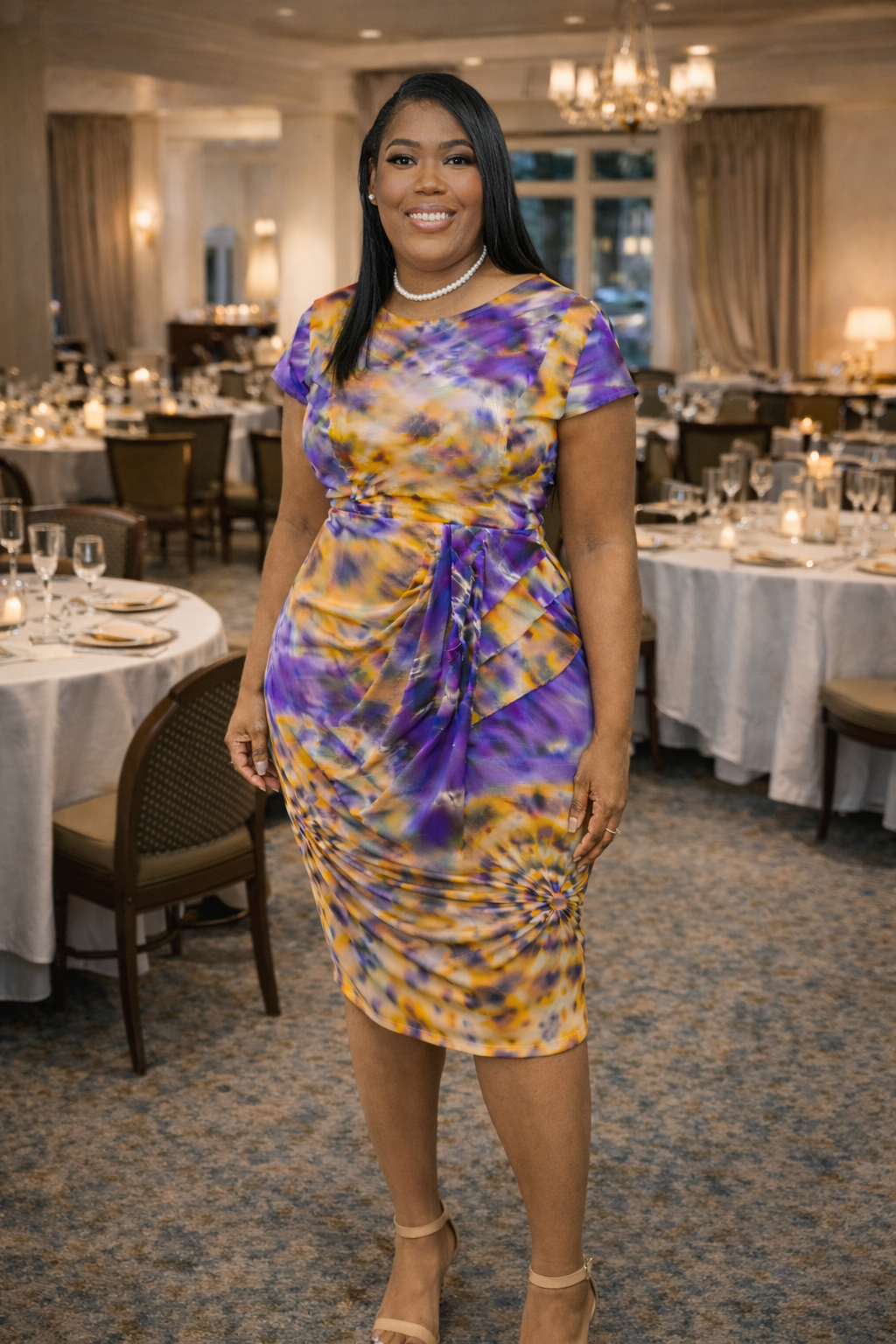 Yellow & Purple Tie-Dye Faux Wrap Dress