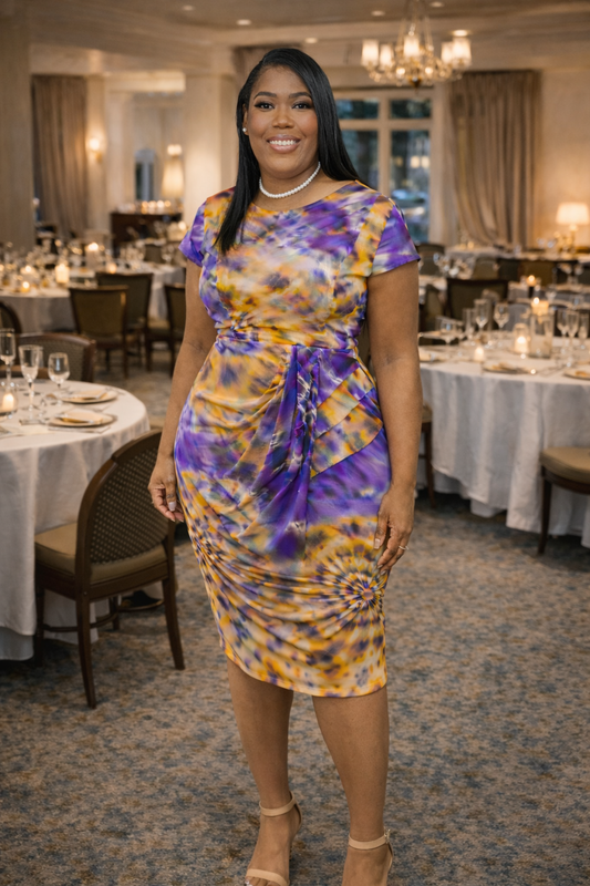 Yellow & Purple Tie-Dye Faux Wrap Dress