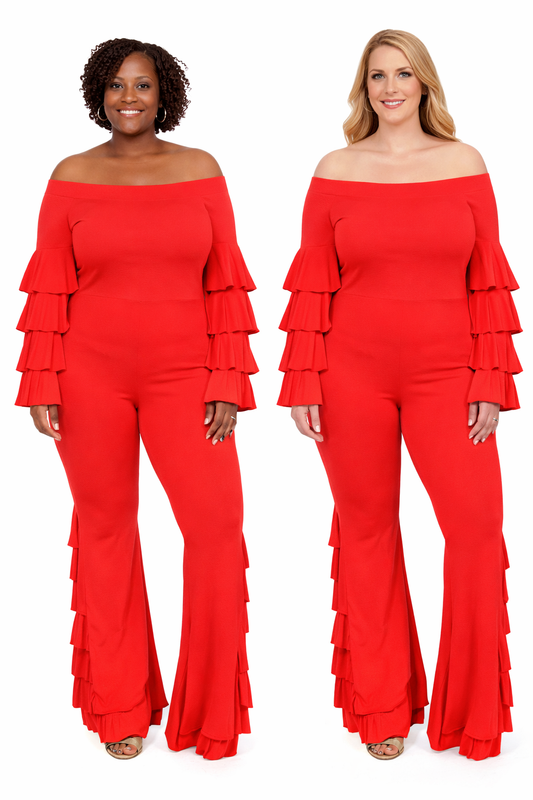 Red Off-Shoulder Ruffle Sleeve Pant Set