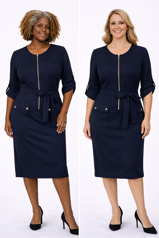 Two women wearing navy blue suits with a belt on a white background