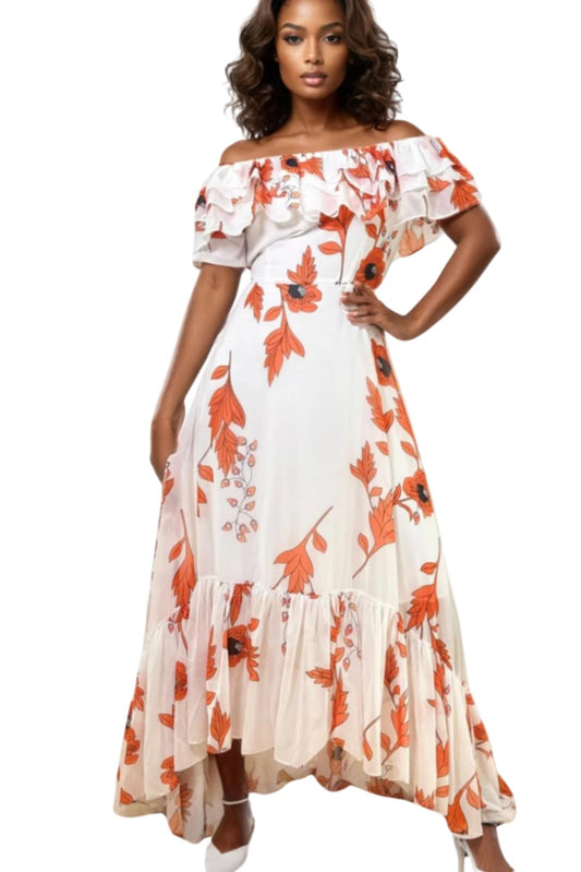Woman wearing a white off-shoulder dress with orange floral pattern on a white background