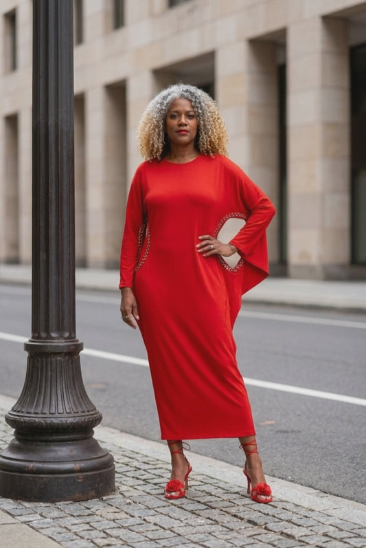 Red Rhinestone Cutout Sleeve Maxi Dress