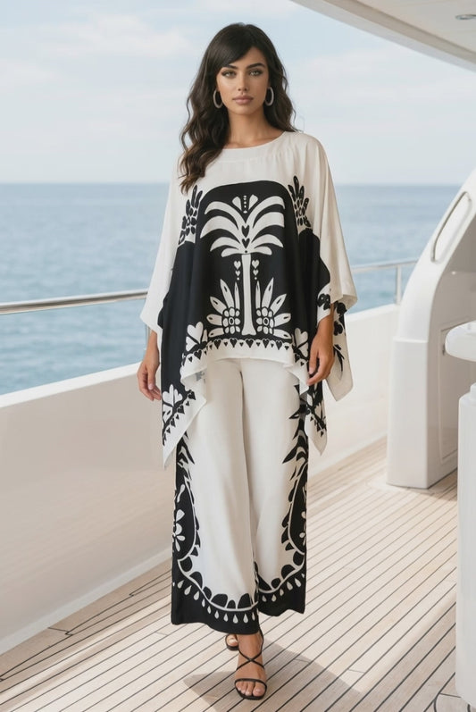 White & Black Tribal Print Wide-Leg Pant Set