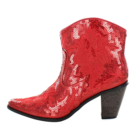 A red sequined western-style ankle boot with a pointed toe and a brown block heel, shown against a plain white background.