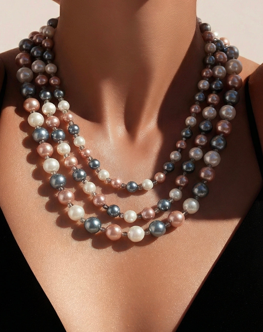 Elegant 3-Strand Pearl & Glass Necklace and Earring Set – Adjustable, Timeless Jewelry for Formal Occasions