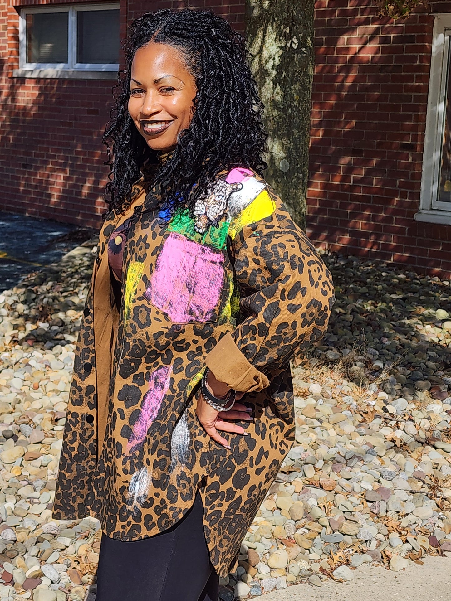 Leopard Print Sequin Denim Tunic Jacket