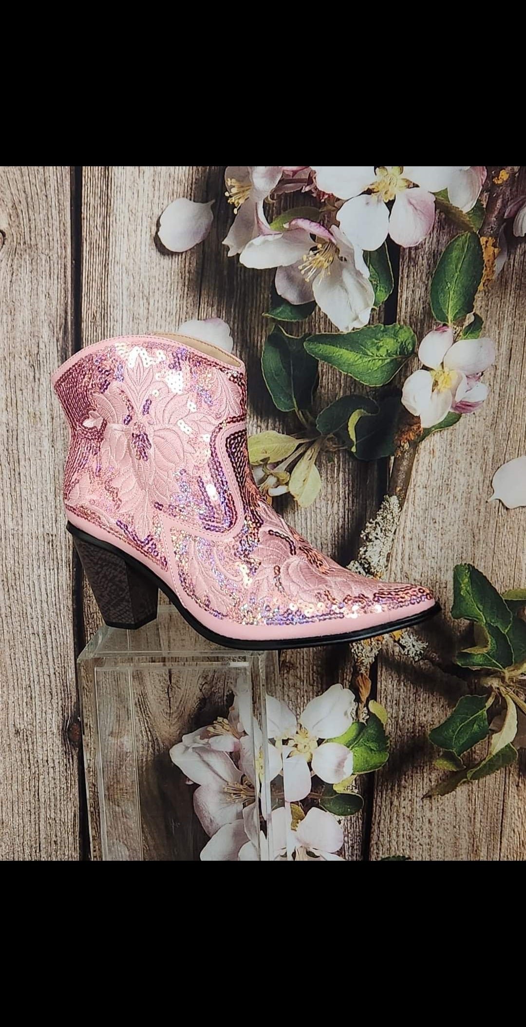 Pink Sequin Embroidered Bling Western boots with zipper closure