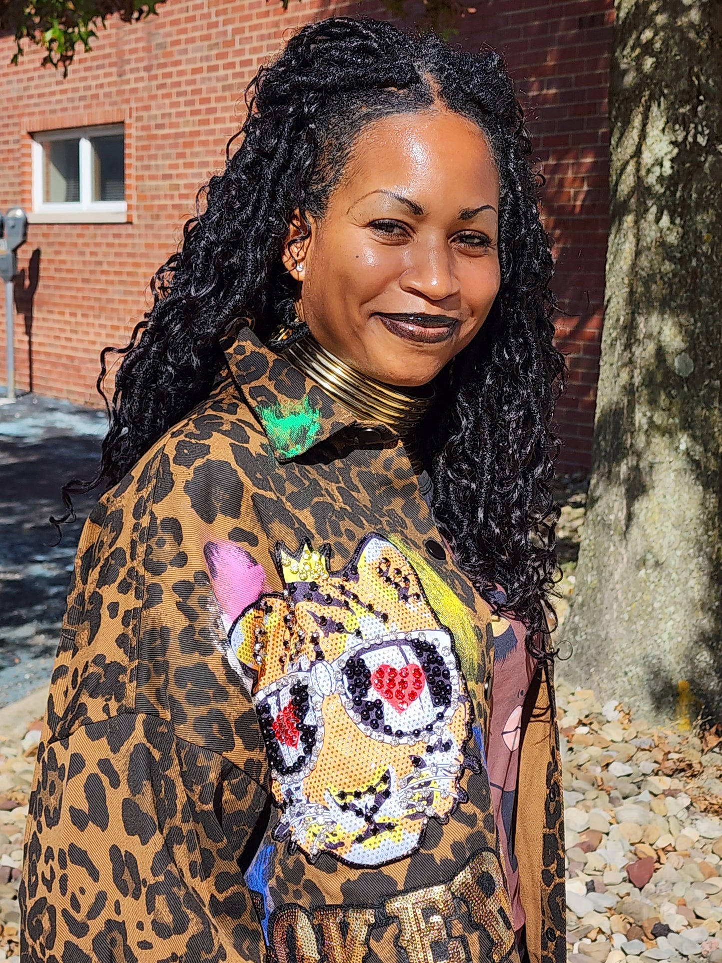 Leopard Print Sequin Denim Tunic Jacket