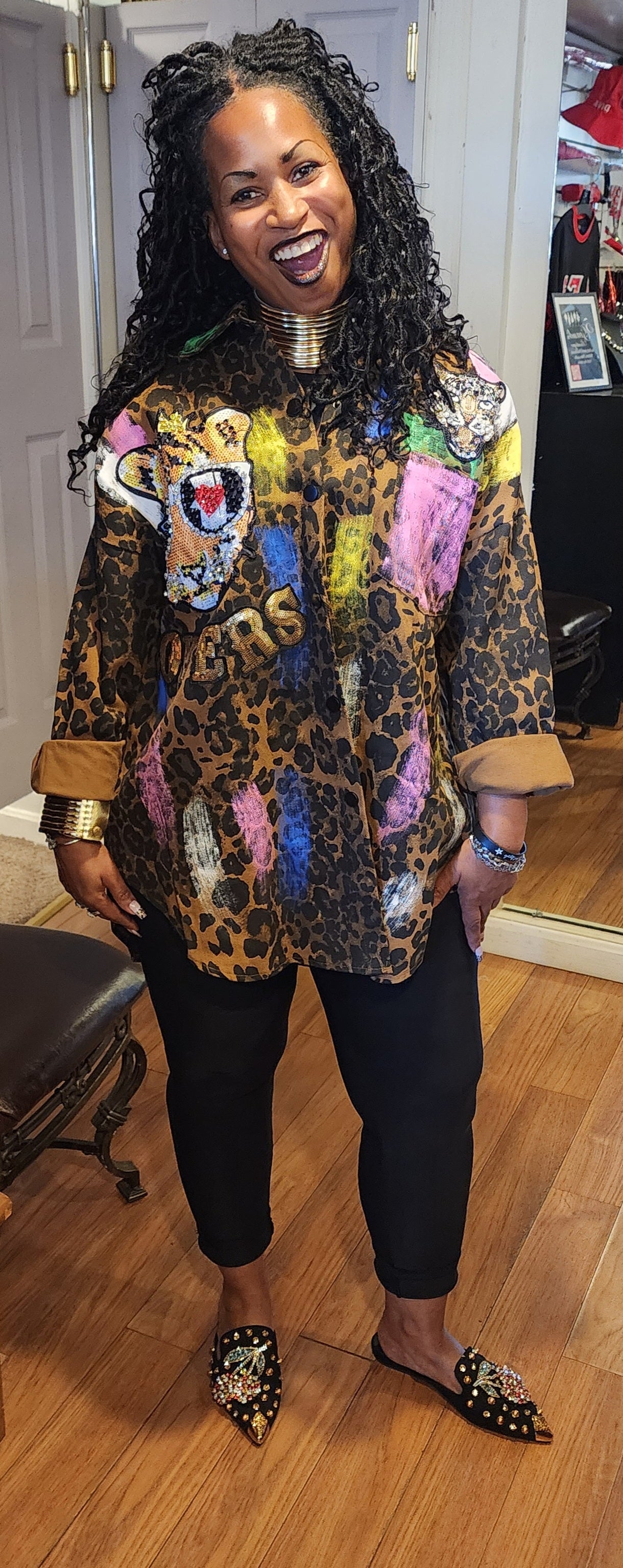 Leopard Print Sequin Denim Tunic Jacket