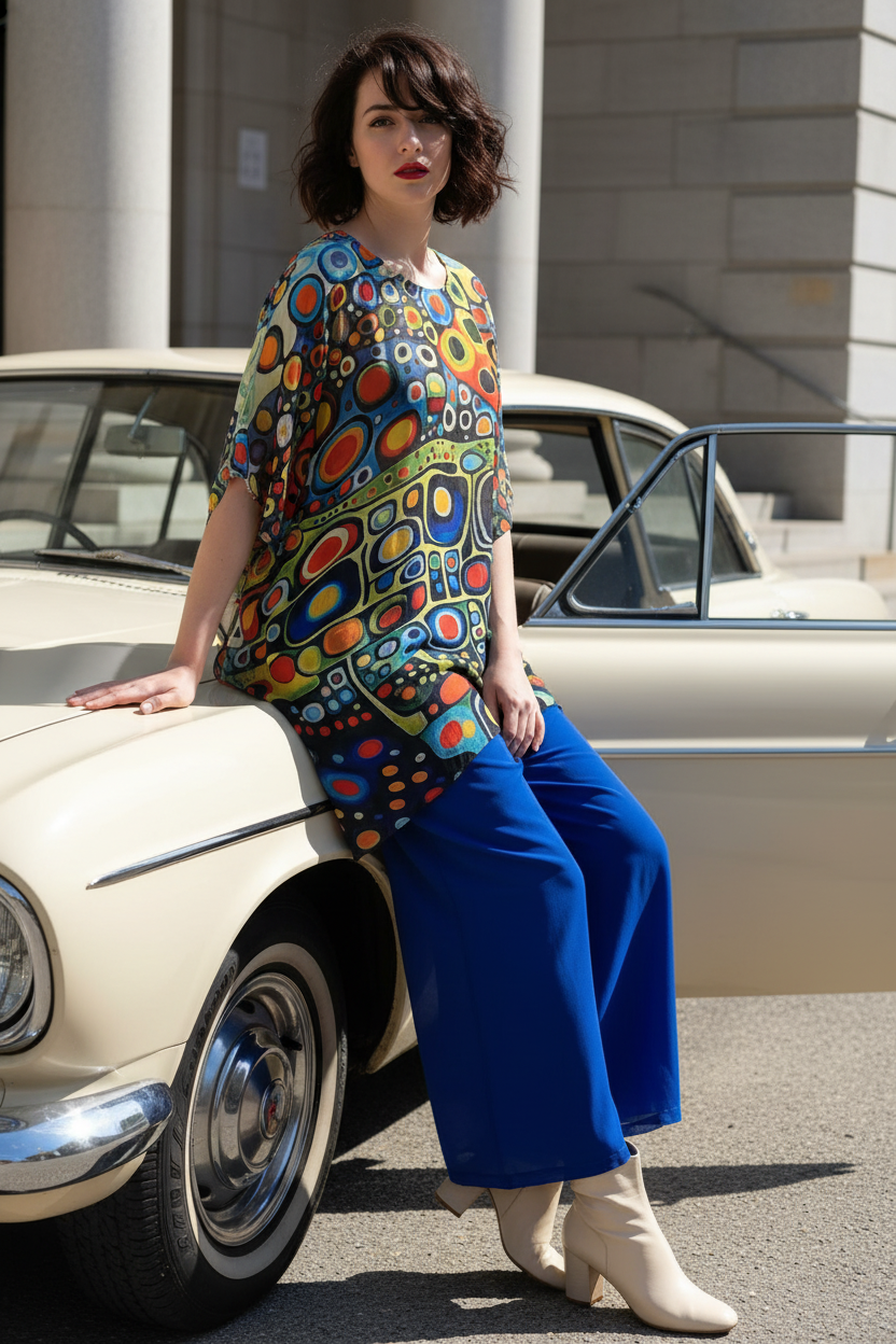 Mosaic Print Tunic Top & Royal Blue Palazzo Pant Set