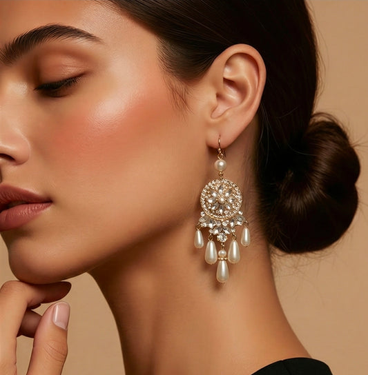 Pearl & Rhinestone Teardrop Dangle Earrings